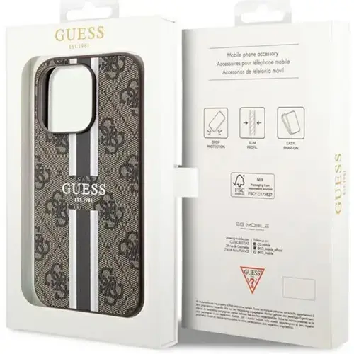 Husa Protectie Spate Guess 4G Printed Stripes MagSafe pentru Apple iPhone 15 Pro (Maro)