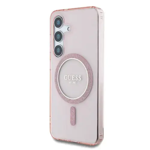 Husa Protectie Spate Guess Glitter Circle Classic Logo MagSafe pentru Samsung Galaxy S25 (Roz)