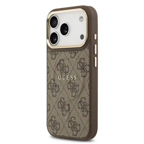 Husa Protectie Spate Guess PU Leather 4G Gold Frame MagSafe pentru Apple iPhone 17 Pro Max (Maro)