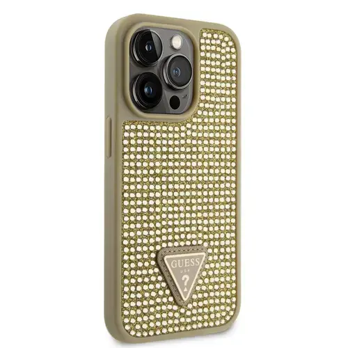 Husa Protectie Spate Guess Rhinestones Triangle Metal Logo pentru Apple iPhone 14 Pro (Auriu)