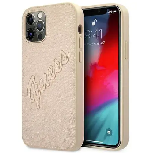 Husa Protectie Spate Guess Saffiano Vintage Script pentru iPhone 12 / 12 Pro (Auriu)