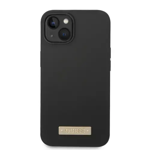 Husa telefon Guess pentru iPhone 14 Plus, Metal Logo, MagSafe, Silicon lichid, Negru
