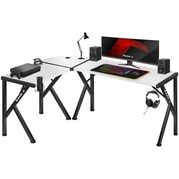 Huzaro Birou gaming de colt, Huzaro Hero 6.3, dimensiuni 154 x 117 x 74 cm, Suport casti si pahar, Picioare ajustabile, Otel/MDF, Alb