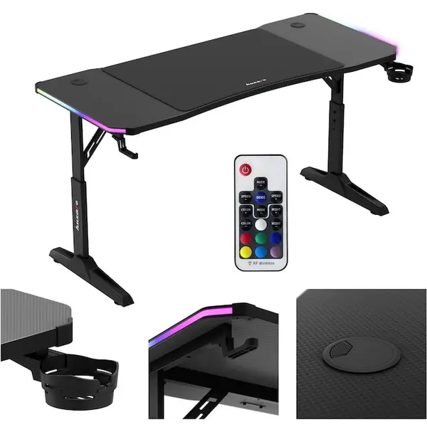 Huzaro Birou gaming Huzaro, Hero 3.6, 140 x 60 x 56–79 cm, inclusiv mousepad 80 x 56,5 cm, 2 intrari pentru cabluri, Negru RGB
