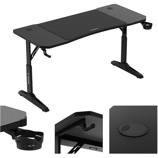 Huzaro Birou gaming Huzaro, Hero 3.6, 140 x 60 x 56–79 cm, inclusiv mousepad 80 x 56,5 cm, 2 intrari pentru cabluri, Negru