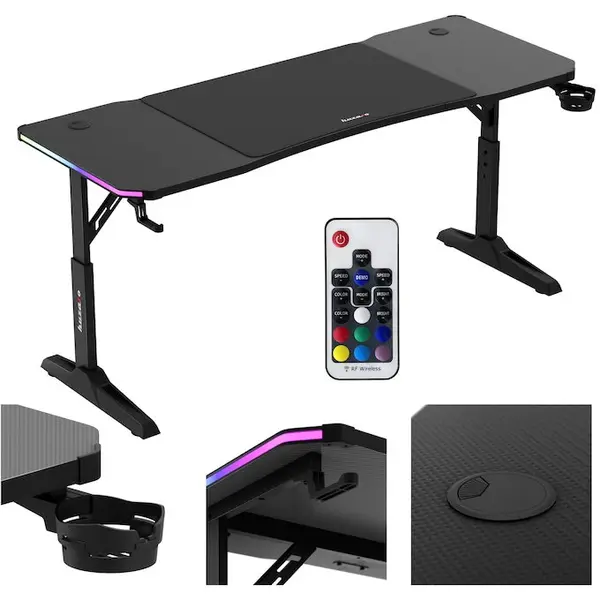 Huzaro Birou gaming Huzaro, Hero 4.6, dimensiuni 160 x 60, inaltime reglabila 56–79 cm, include mousepad 80 x 56,5 cm, 2 intrari pentru cabluri, Negru RGB