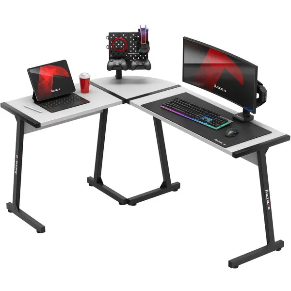 Huzaro Birou gaming, pe colt Huzaro Hero 6.0, 147 x 112 cm, Metal-MDF, Alb