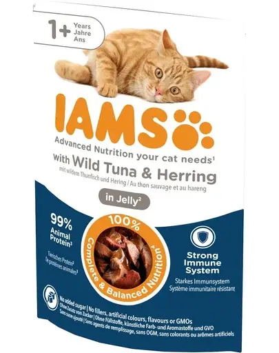 IAMS Cat Adult All Breeds Tuna & Herring In Jelly ton si hering in jeleu 85g hrana pisica