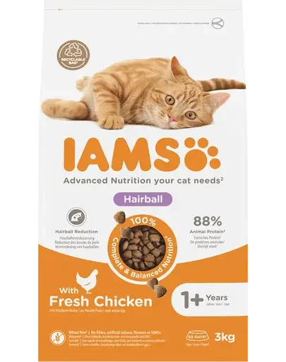IAMS For Vitality Hairball pentru pisici adulte, cu pui, impotriva ghemotoacelor de blana 3 kg