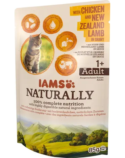 IAMS Naturally - Hrană umedă pentru pisici - pui și miel de Noua Zeelandă - 85 g