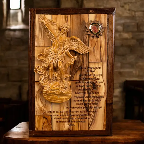 Icoană Sculptată Manual – Arhanghelul Mihail cu Rugăciunea de Ocrotire - Default Title