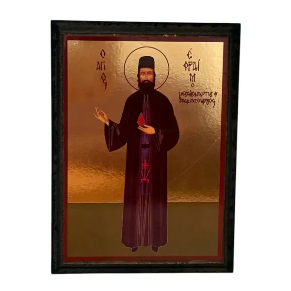 Icoana Sfantul Efrem cel Nou din Nea Makri – pe Lemn, Rama Neagra, Stil Greco-Ortodox - Default Title