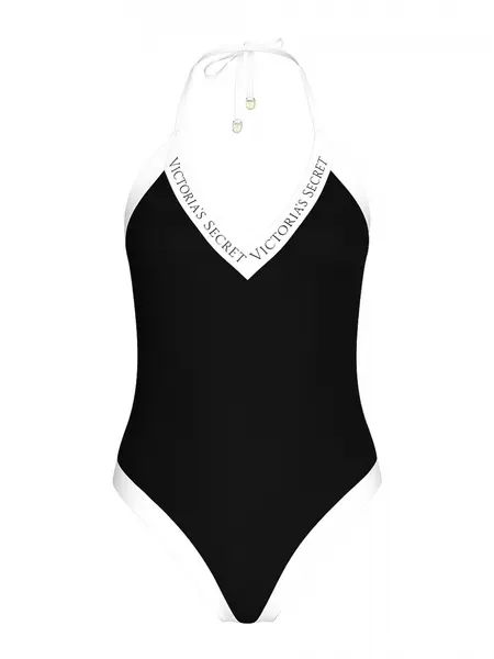 Iconic logo plunge one-piece swimsuit- black Xs