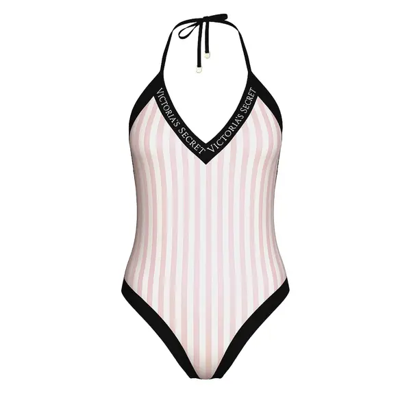 Iconic logo plunge one-piece swimsuit - pink iconic stripe S