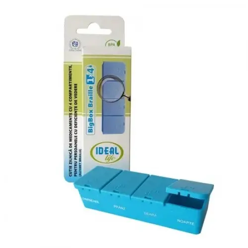 Ideal Life cutie zilnica de medicamente cu 4 compartimente, alfabet braille Zephyr Labs