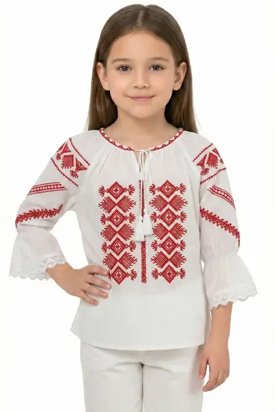 Ie fetita alba Daiana din bumbac cu broderie in simbolul rombului