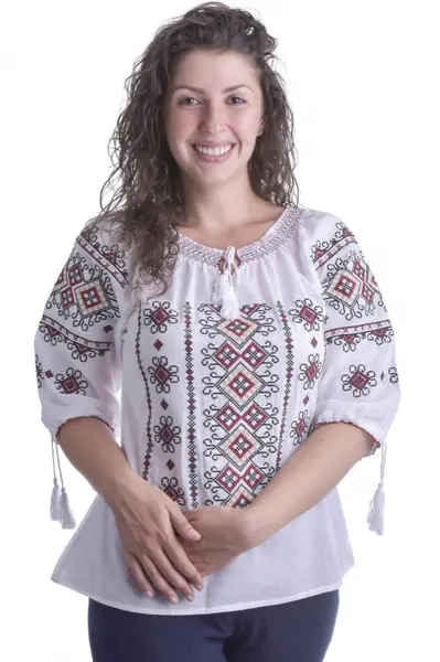 Ie traditionala alba cu motiv geometric multicolor Dorina 03