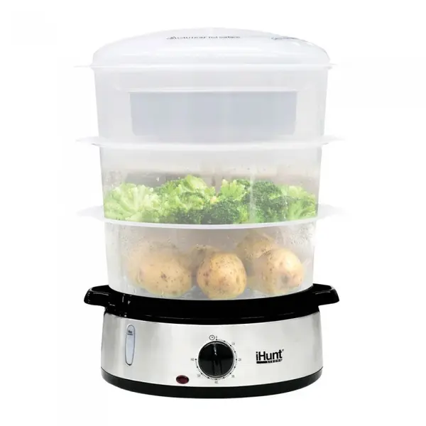 iHunt Aparat De Gatit La Abur Bro Xxl 9l, 800 W, Cronometru 60 Min, 3 Cosuri De Gatit, Protectie, Silver