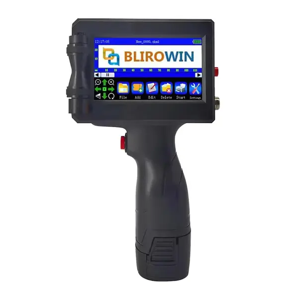 Imprimanta de mana portabila tip pistol BLIROWIN ® cu touchscreen, imprimare logo, coduri de bare, date de expirare, coduri QR, compatibila pe suprafete multiple, cerneala cu uscare rapida, cartus negru lucios, dimensiune imprimare 1-12.7mm