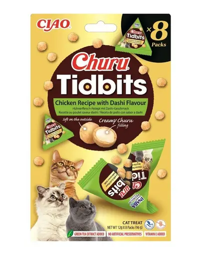 INABA Cat Churu Tidbits Rețetă cu Pui și Aromă Dashi 8×12 g gustări moi și cremoase cu pui și bulion Dashi pentru pisici