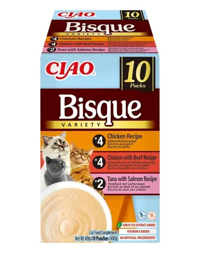 INABA Cat Ciao Bisque Variety 10×40 g Mix de supe cremă cu pui, vită și pește pentru pisici