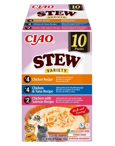 INABA Cat Ciao Stew Creamy Variety 10x40g mix gustări cu pui, ton și somon în sos cremos