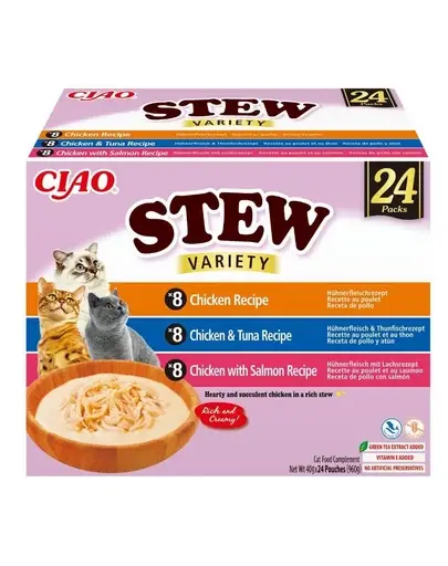 INABA Cat Ciao Stew Creamy Variety 24×40 g Mix de gustări cu pui, ton și somon în sos cremos pentru pisici