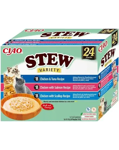 INABA Cat Ciao Stew Creamy Variety 24×40 g Mix de gustări cu pui, pește și scoici în sos cremos pentru pisici
