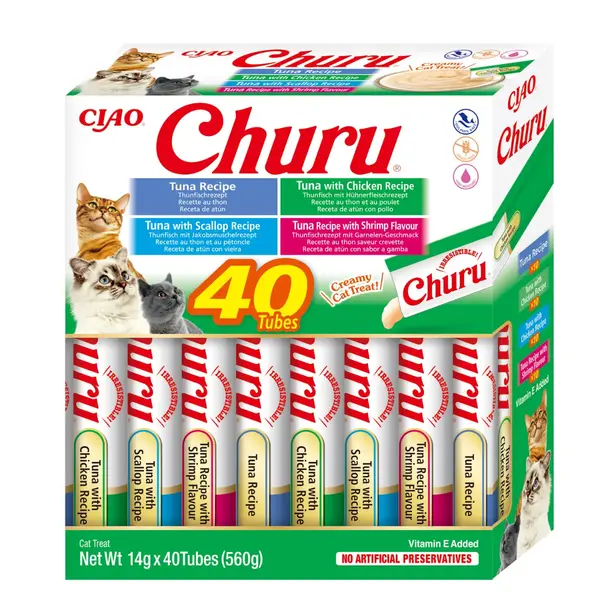 INABA Churu Creamy Varieties, Ton și Fructe de Mare, cutie recompense fără cereale pisici, (piure), 560g