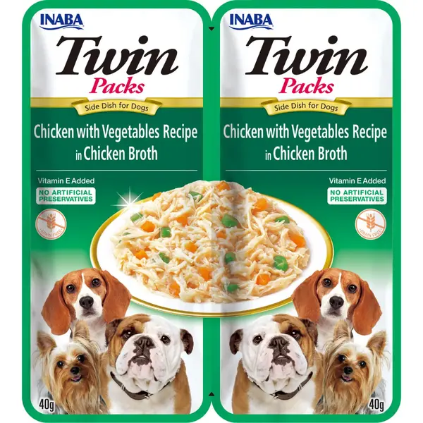 INABA Churu Dog Twin, XS-XL, Pui și Legume, hrană umedă fără cereale câini, (în supă) INABA Churu Dog Twin, XS-XL, Pui și Legume, plic hrană umedă fără cereale câini, (în supă), 80g