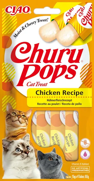 INABA CHURU Pops Recompensă pt. pisici, Baton cu Pui, Pachet cu 4 bucăţi x 15g