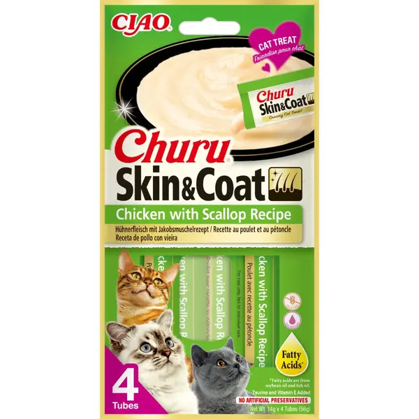 INABA Churu Skin & Coat, Pui și Scoici, plic, tub recompense fără cereale pisici, piele & blană, (piure), 56g
