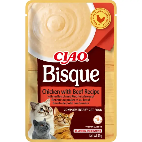 INABA Ciao Bisque, Pui și Vită, recompense fără cereale pisici, (piure) INABA Ciao Bisque, Pui și Vită, plic recompense fără cereale pisici, (piure), 40g