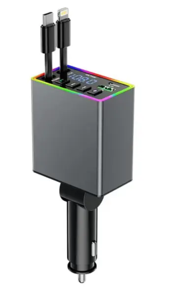 Incarcator auto 4 in 1 putere 120W M38 USB + USB C + cabluri integrate Type C si Lightning afișaj LED