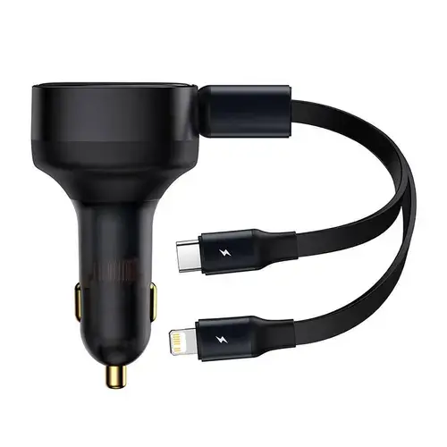 Incarcator auto Baseus, Cablu USB retractabil Type C si Lightning, 75cm max, 30W, 3A (Negru)