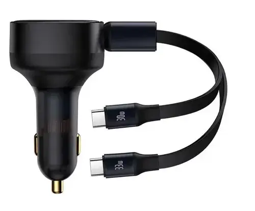 Incarcator auto Baseus Enjoyment, 33W, cu cablu retractabil 2xUSB-C (Negru)