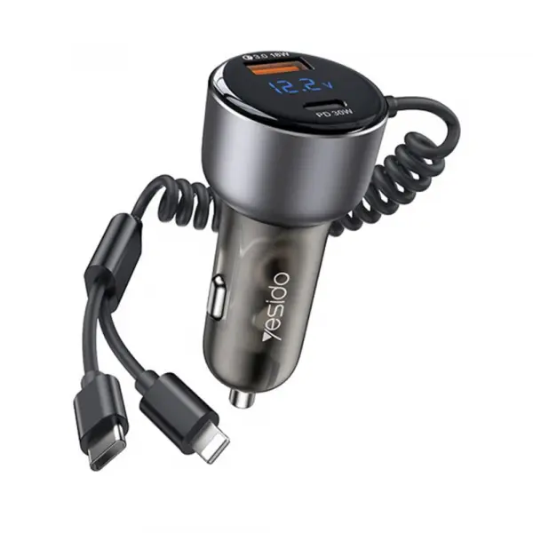 Incarcator Auto Cu Cablu USB-C / Lightning Yesido Y58 Display, 60W, 3A, 1 x USB-A - 1 x USB-C, Gri