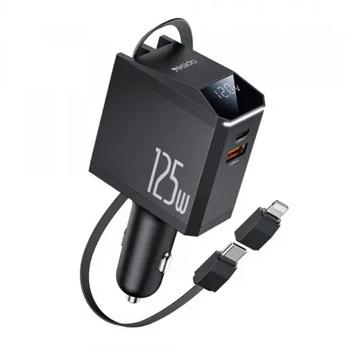 Incarcator Auto Cu Cablu USB-C / Lightning Yesido Y71 Display, 125W, 3A, 1 x USB-A - 1 x USB-C (Negru)