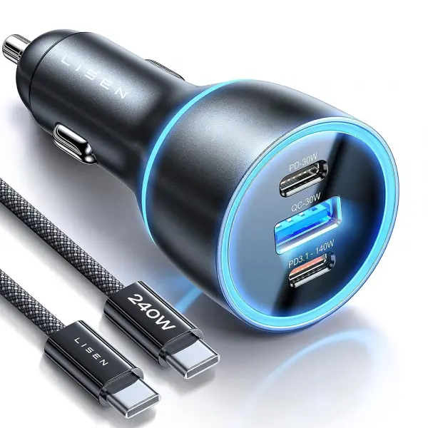 Incarcator Auto Cu Cablu USB-C Lisen, 170W, 5A, 1 x USB-A - 2 x USB-C, Negru YL0225060006