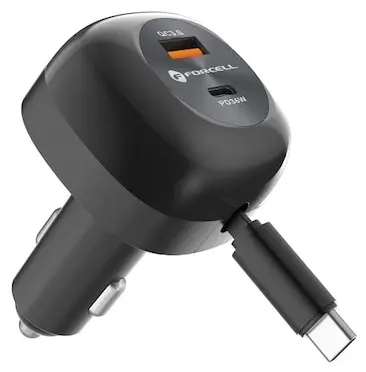 Încărcător auto Forcell – F-Energy Alu, 75W, cu cablu USB-C retractabil, negru