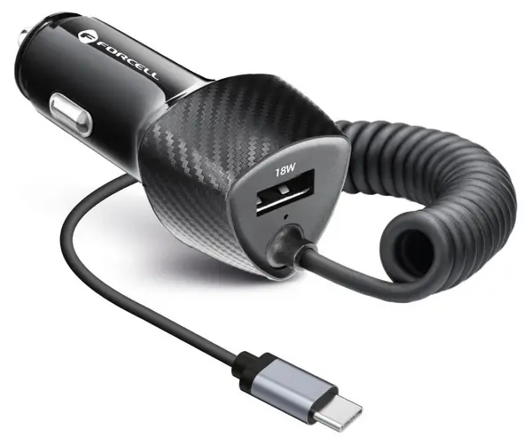 Încărcător auto Forcell - F-Energy Carbon, CC50-1AC, 38W, cu cablu USB-C, negru