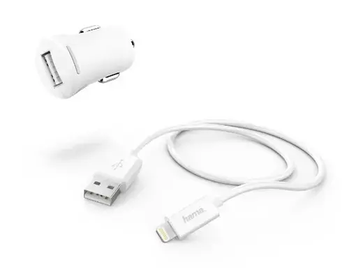 Incarcator auto Hama 183266, 1 x USB, 12W + cablu lightning, 1m (Alb)