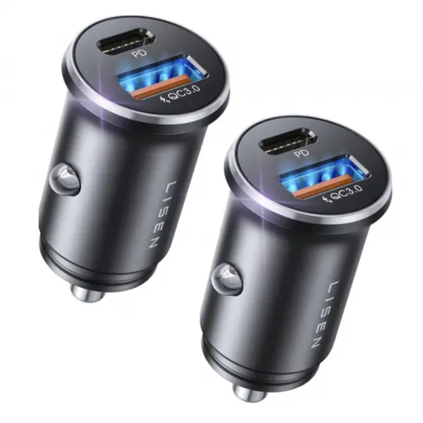Incarcator Auto Lisen, 51W, 3A, 1 x USB-A - 1 x USB-C, Set 2 bucati, Negru YL0223080037