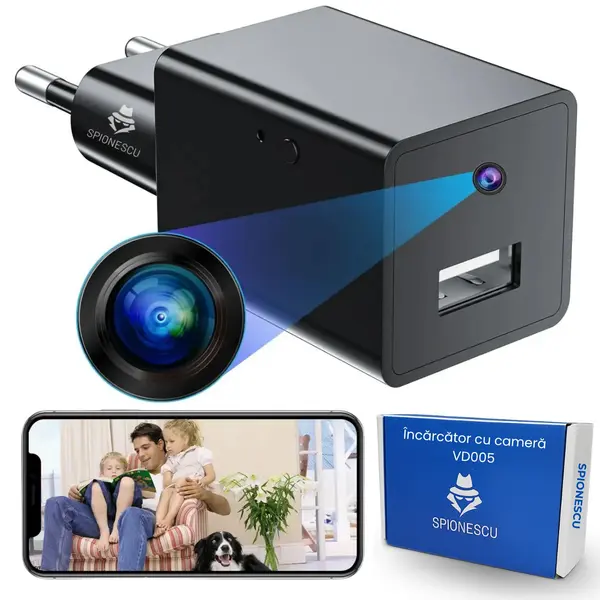 Incarcator cu camera ascunsa Full HD 1080P, VD005, WIFI, vedere nocturna, detectarea miscarii, monitorizare video in timp real - Fără
