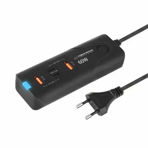 Incarcator de retea Esperanza EZC109, 60W, 2xUSB-C, 2xUSB-A (Negru)