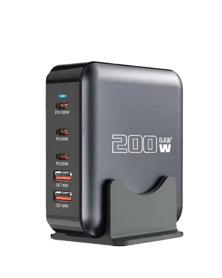 Incarcator Desktop iSEN 200W GaN, Negru, 5 Porturi USB (3x USB-C + 2x USB-A), PD 100W, Incarcare Rapida Multi-Dispozitiv