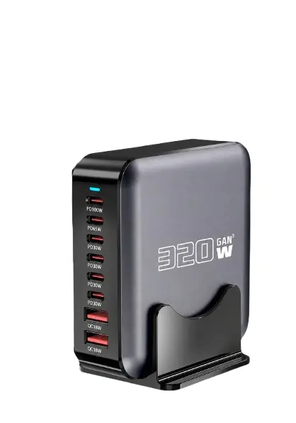 Incarcator Desktop iSEN 320W GaN, Negru, 8 Porturi USB (6x USB-C + 2x USB-A), PD 100W, Incarcare Rapida Multi-Dispozitiv