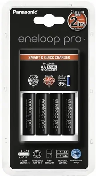 Încărcător Panasonic - Eneloop Pro, cu 4 baterii AA
