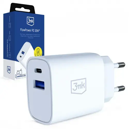 Incarcator Retea 3MK FlowPower, 30W, 1 x USB-A - 1 x USB-C (Alb)