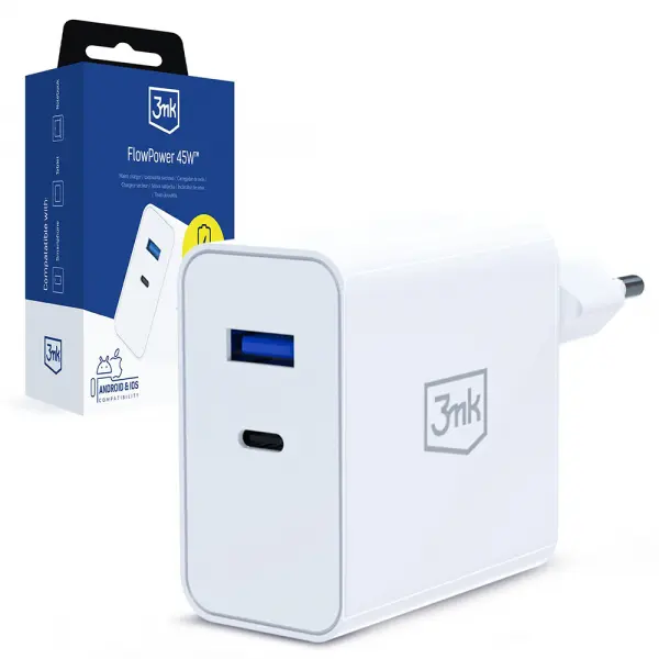 Incarcator Retea 3MK FlowPower, 45W, 1 x USB-A - 1 x USB-C, Alb